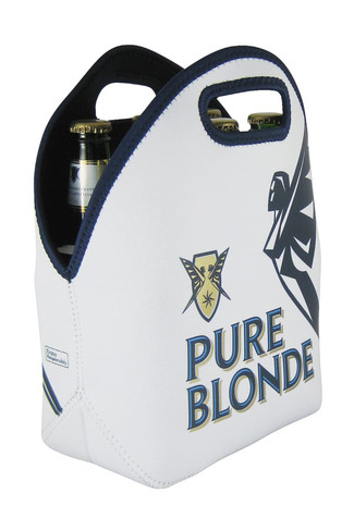 A white 6-pack bag with navy detailing and handles, featuring a branding logo. Contains drinks inside.