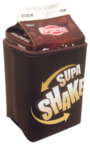 A brown milk carton holder featuring a logo, designed for 500 ml cartons, with a chocolate theme. A brown milk carton holder featuring a logo, designed for 500 ml cartons, with a chocolate theme.