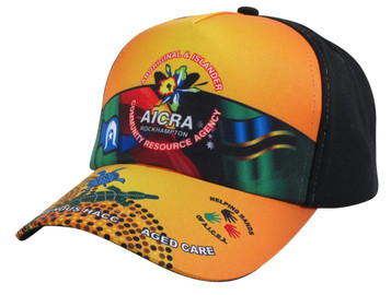 A five-panel cap featuring a vibrant orange and black design with various logos and images. A five-panel cap featuring a vibrant orange and black design with various logos and images.