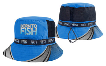 A blue fishing bucket hat featuring mesh sides and a branded band. The design includes black and silver accents. A blue fishing bucket hat featuring mesh sides and a branded band. The design includes black and silver accents.