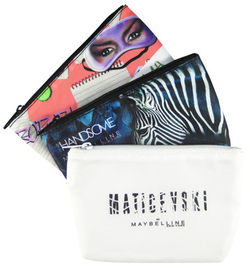 Three cosmetic pouches in vibrant designs: a pink patterned pouch, a black and white zebra print pouch, and a white pouch with a logo. Three cosmetic pouches in vibrant designs: a pink patterned pouch, a black and white zebra print pouch, and a white pouch with a logo.