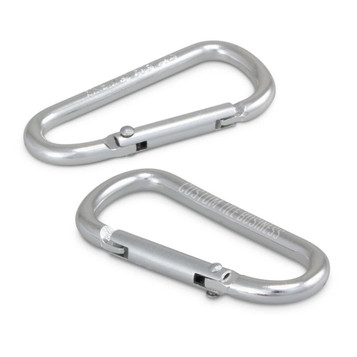 Two silver carabiners with a metal spring gate, featuring a logo on one side.