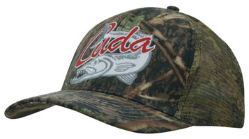 A camouflage cap in shades of green and brown with a mesh back and a logo on the front. A camouflage cap in shades of green and brown with a mesh back and a logo on the front.