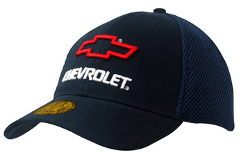 A navy cap with a mesh back featuring a prominent red Chevrolet logo and embroidered details.