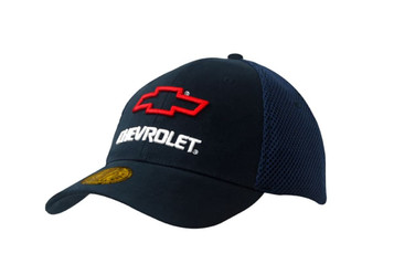 A navy and mesh cap featuring a prominent logo on the front and a curved brim. A navy and mesh cap featuring a prominent logo on the front and a curved brim.