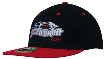 A black and red premium twill cap with a snap back and a logo on the front. A black and red premium twill cap with a snap back and a logo on the front.