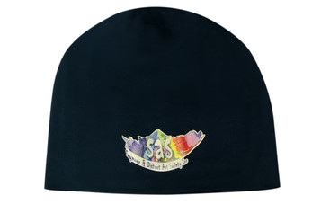 A navy cotton beanie featuring a logo. The beanie has a soft, warm appearance suitable for cooler weather.
