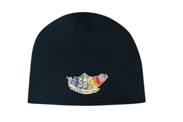 A rolled down cotton beanie in black featuring a logo in vibrant colours. A rolled down cotton beanie in black featuring a logo in vibrant colours.