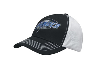 A black and white cap featuring a mesh back and a logo on the front. A black and white cap featuring a mesh back and a logo on the front.