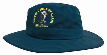 A navy blue microfiber adjustable bucket hat featuring a logo with a bird design.