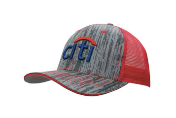 A cap featuring a grey wood print design with a red mesh back and a blue logo on the front.