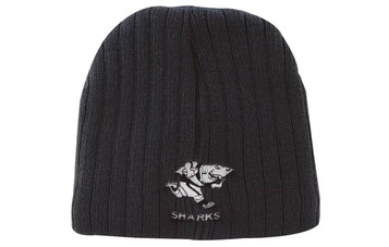 A black cable knit beanie with an embroidered logo featuring a running shark design and text.