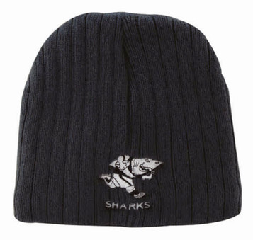 A black cable knit beanie featuring a logo of a shark. A black cable knit beanie featuring a logo of a shark.