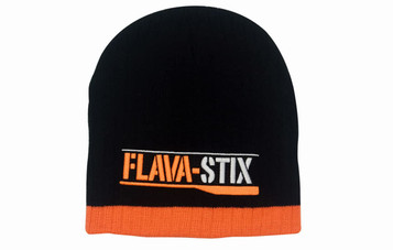 A black cable knit beanie with an orange band at the base and a logo on the front.