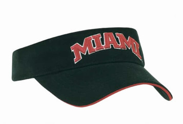 A black cotton visor with a red embroidered 'MIAMI' text and a red trim along the brim.