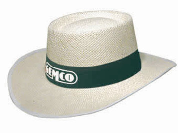 A classic style string straw hat in light beige with a dark green band featuring a logo. A classic style string straw hat in light beige with a dark green band featuring a logo.