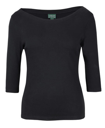 A black ladies' 3/4 sleeve boat neck tee with a fitted design and a logo on the label.