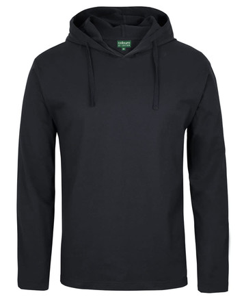 A long-sleeve hooded tee in black, featuring a front pocket and a hood design. It includes a logo label inside.