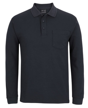 A long-sleeve black polo shirt featuring a collar, three buttons, and a pocket on the left side.