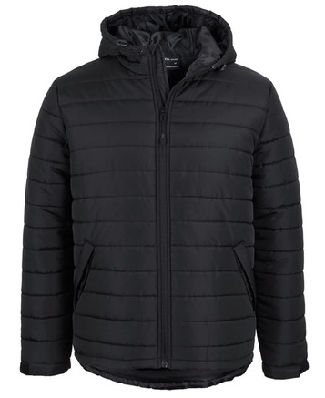 A black hooded puffer jacket featuring a front zip and a logo on the chest area.