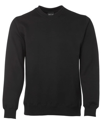 A black V-neck fleece jumper featuring long sleeves and a ribbed hem. It has a logo on the label.