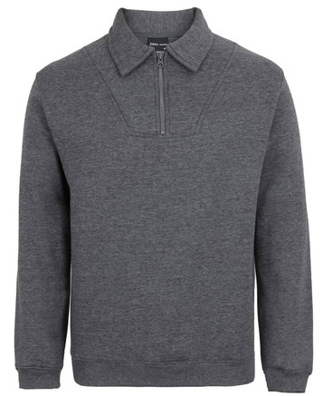 A dark grey 1/2 zip fleecy jumper featuring a collar and long sleeves, with a subtle logo.
