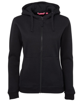 A black full zip fleece hoodie for women with a hood and front pockets, featuring a logo.