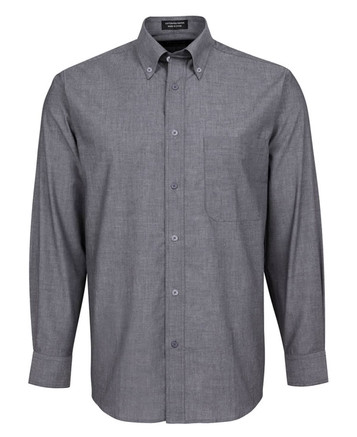 A grey button-up shirt with long sleeves and a chest pocket, featuring a brand logo.