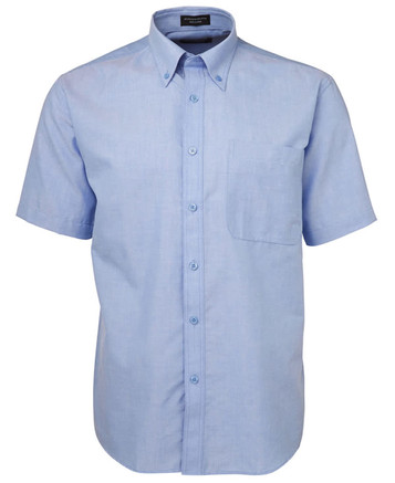 A short-sleeve button-up shirt in light blue with a chest pocket and a logo.