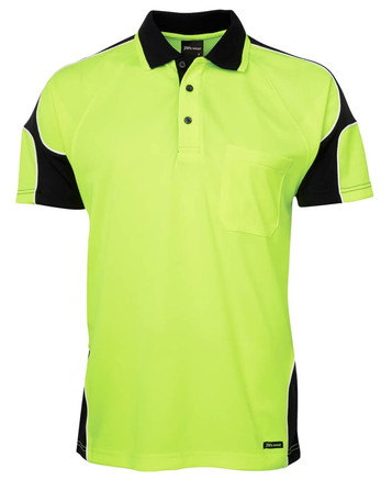 A bright lime green polo shirt with black accents and a pocket, featuring a logo on the front.