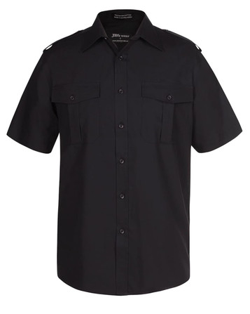 A short-sleeved black button-up shirt with two chest pockets and a logo on the collar. A short-sleeved black button-up shirt with two chest pockets and a logo on the collar.