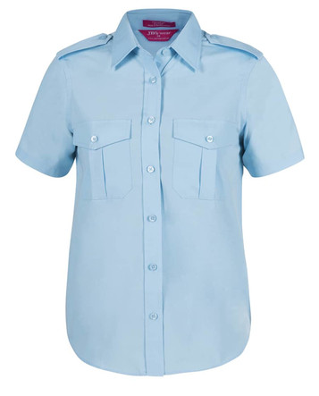 A short-sleeved, button-up shirt in light blue with epaulettes and two chest pockets. It features a logo.