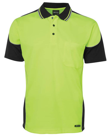 A bright lime green and black polo shirt with contrast piping and a front pocket, featuring a logo. A bright lime green and black polo shirt with contrast piping and a front pocket, featuring a logo.