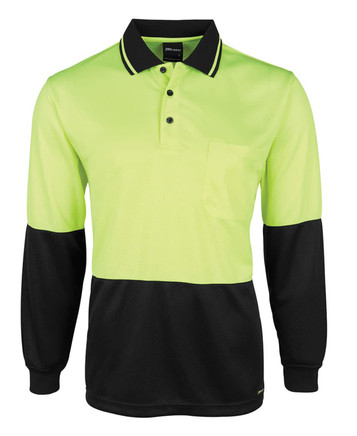 A long-sleeved polo shirt in high visibility lime green and black, featuring a pocket and a logo.