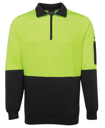 A fleece jumper in bright yellow-green with a black lower section and a zip collar, featuring a pocket on the sleeve.