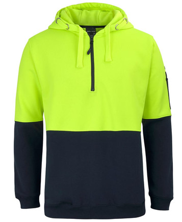 A vibrant yellow and navy hoodie with a half-zip design and a hood, featuring a logo on one sleeve.