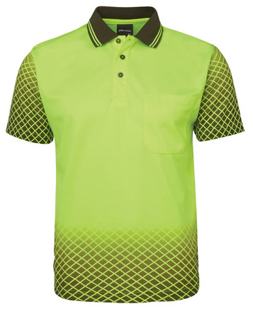 A bright green polo shirt featuring a diamond pattern, with short sleeves and a collar. Includes a pocket and a logo. A bright green polo shirt featuring a diamond pattern, with short sleeves and a collar. Includes a pocket and a logo.