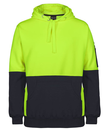 A bright yellow and navy blue hoodie with a front pocket and a hood, featuring a logo on the sleeve.