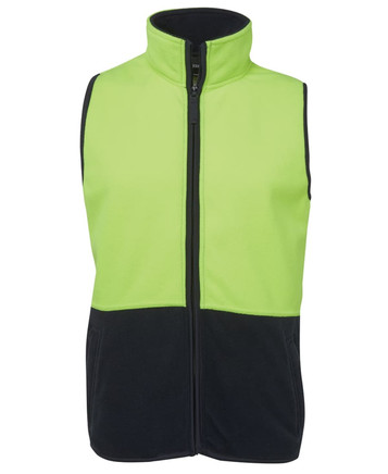 A bright lime green and black fleece vest featuring a high collar and zip panel. Includes logo branding. A bright lime green and black fleece vest featuring a high collar and zip panel. Includes logo branding.
