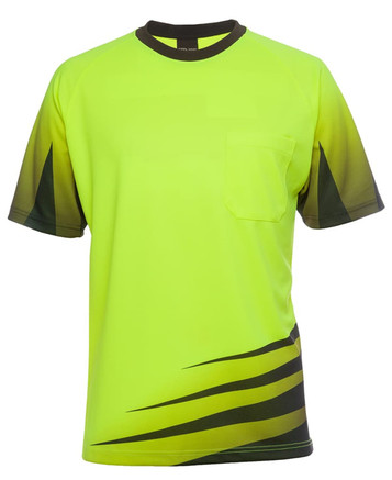A short-sleeved work tee in bright yellow with a pocket and dark green accents. Features logo branding.