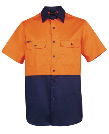 An orange and navy short-sleeved work shirt featuring two chest pockets and a logo.