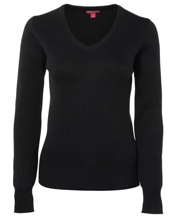 A black ladies knitted jumper with a V-neck and long sleeves, featuring ribbed cuffs and hem. A black ladies knitted jumper with a V-neck and long sleeves, featuring ribbed cuffs and hem.