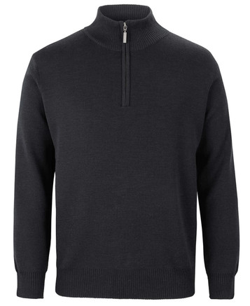A black men's knitted jumper with a half-zip collar and long sleeves, featuring a subtle logo. A black men's knitted jumper with a half-zip collar and long sleeves, featuring a subtle logo.