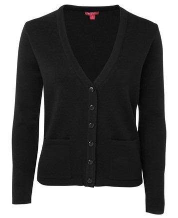A black knitted cardigan with a v-neck, button front, and two front pockets. Features a logo on the label. A black knitted cardigan with a v-neck, button front, and two front pockets. Features a logo on the label.