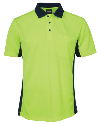 A bright yellow-green short sleeve polo shirt with a navy collar and side panels, featuring a chest pocket and a logo.