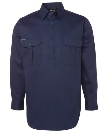 A long-sleeve navy work shirt featuring two front pockets and a collar, with a logo on the chest. A long-sleeve navy work shirt featuring two front pockets and a collar, with a logo on the chest.