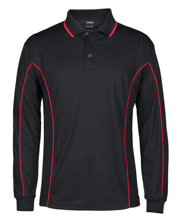 Long sleeve black polo shirt with red piping and a collar, featuring a logo on the chest.