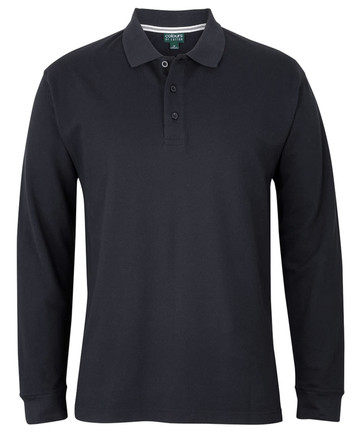 A long-sleeve black polo shirt with a collar and a three-button placket, featuring a logo.