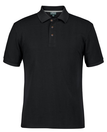 A black polo shirt with short sleeves and a three-button placket. It features a collar and has a logo.