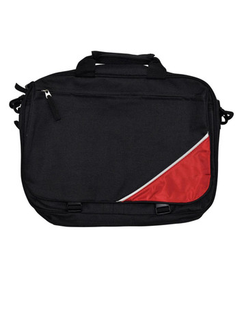 A black satchel/shoulder bag with a red accent and a logo on the front. Features two handles and a zip closure.